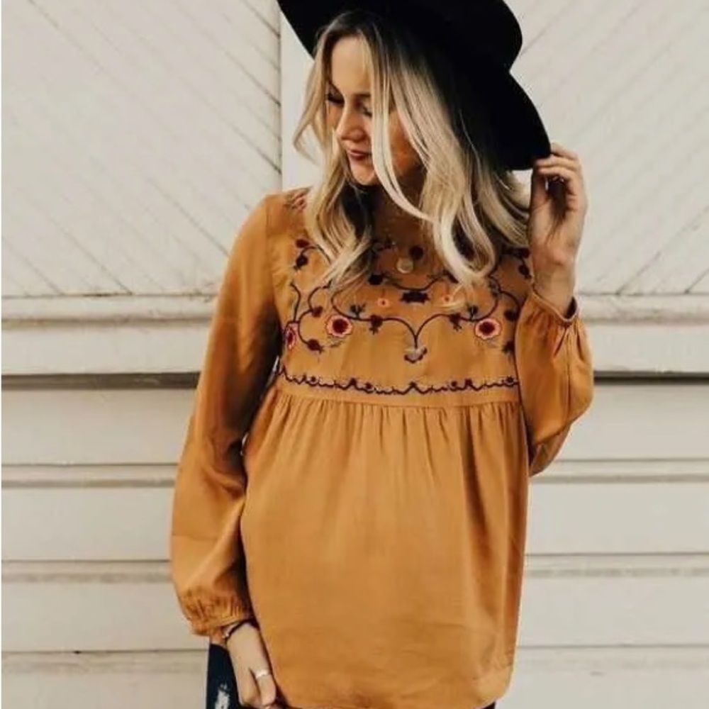 Anthropologie JODIFL Yellow Embroidered Long Sleeve Blouse